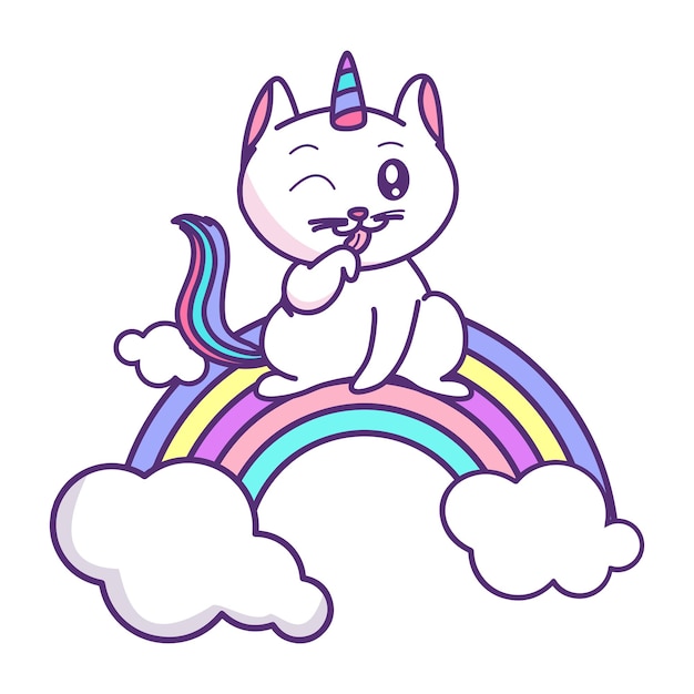 Vector cute white cat unicorn vector with cloud and moon for children and education