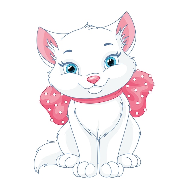 Cute white cat with pink bow cartoon vector illustration