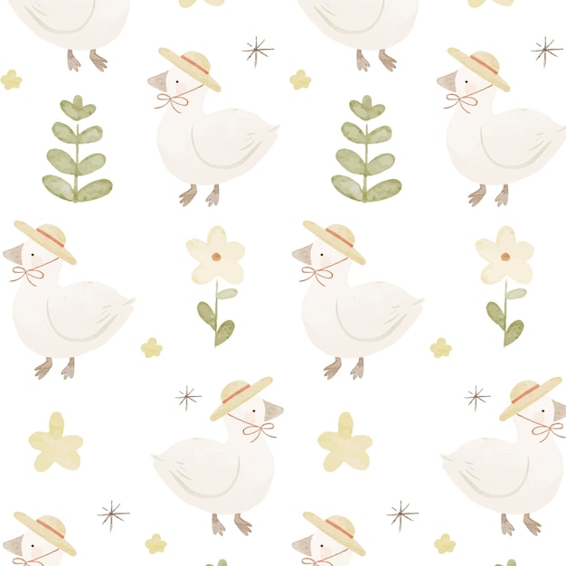 Vector cute white duck with hats in watercolor style pattern