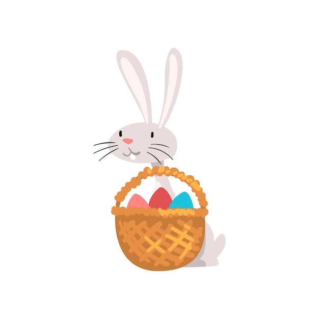 Cute White Easter Bunny with Basket of Colorful Eggs Adorable Rabbit Cartoon Character Vector Illustration on White Background