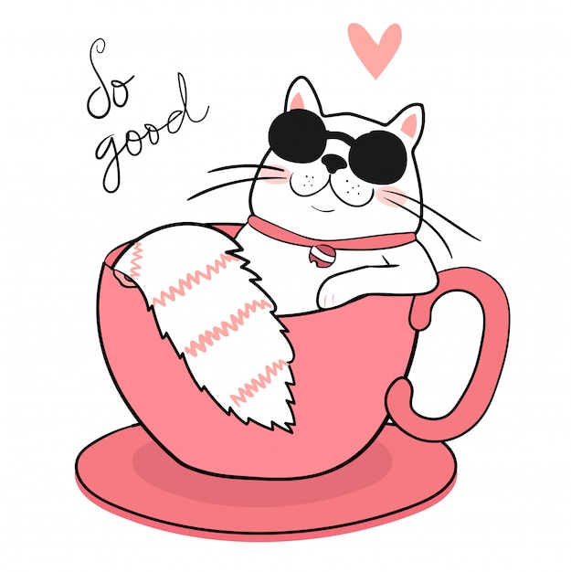 Cute white fat cat with sun glasses sleeping in a coffee cup