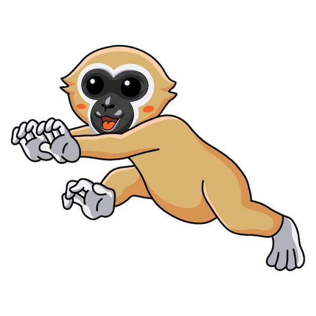 Cute white handed gibbon monkey cartoon walking