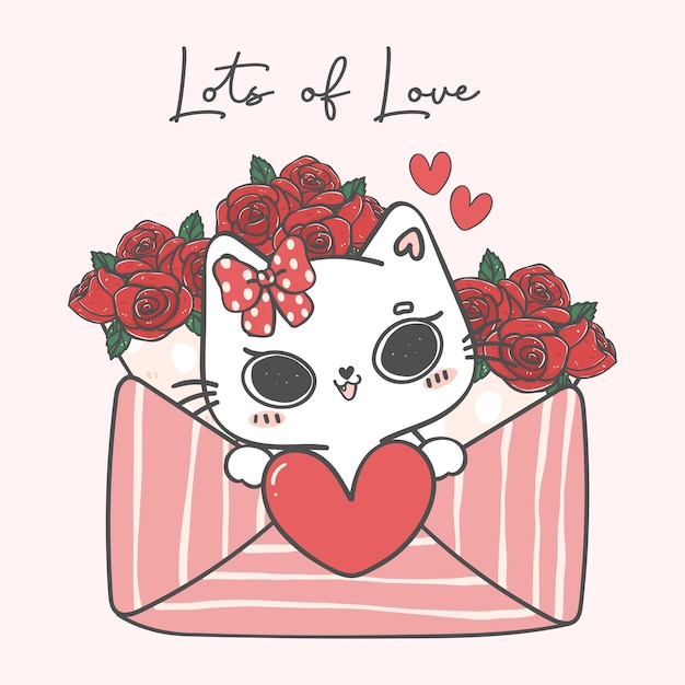 Cute white kitten cat gilr in love pink envelope with bunch of red roses cartoon animal doodle hand drawing illustration vector