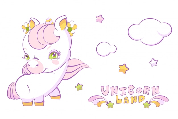 Cute white little girl unicorn with pink hair and stars