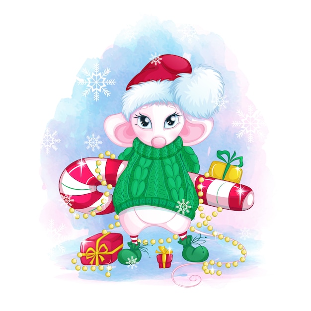 A cute white mouse in a Santa Claus hat and a green knitted sweater