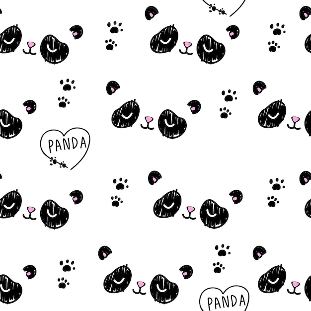 Cute white pattern with line doodle panda with paws Seamless background animal Textiles for child