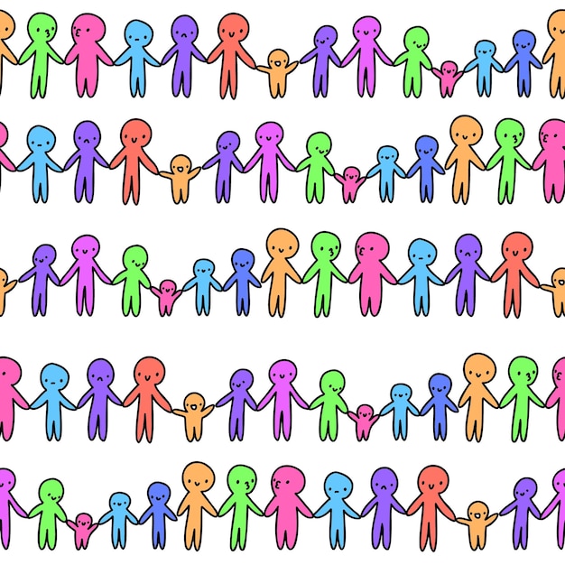 Cute white pattern with line little men, doodle people, family. Seamless background textile.