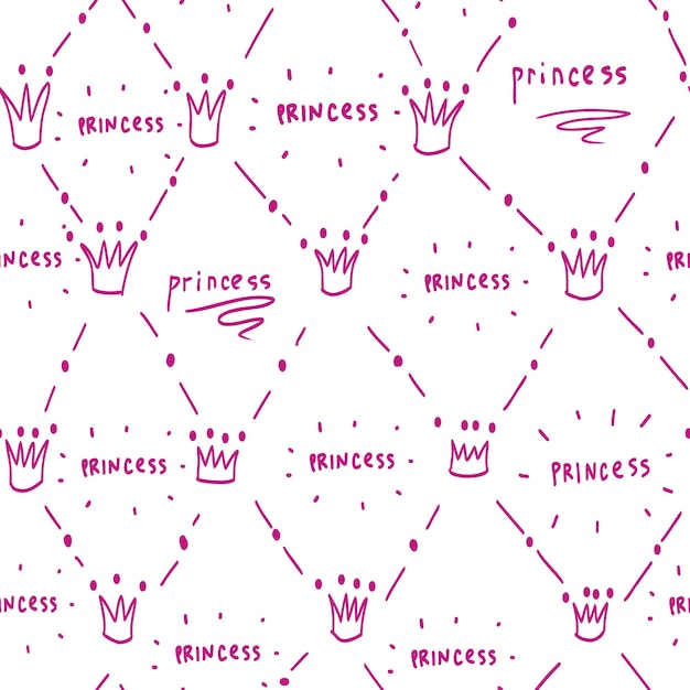 Cute white pattern with pink crown, princess seamless background. Textiles scribble for girl