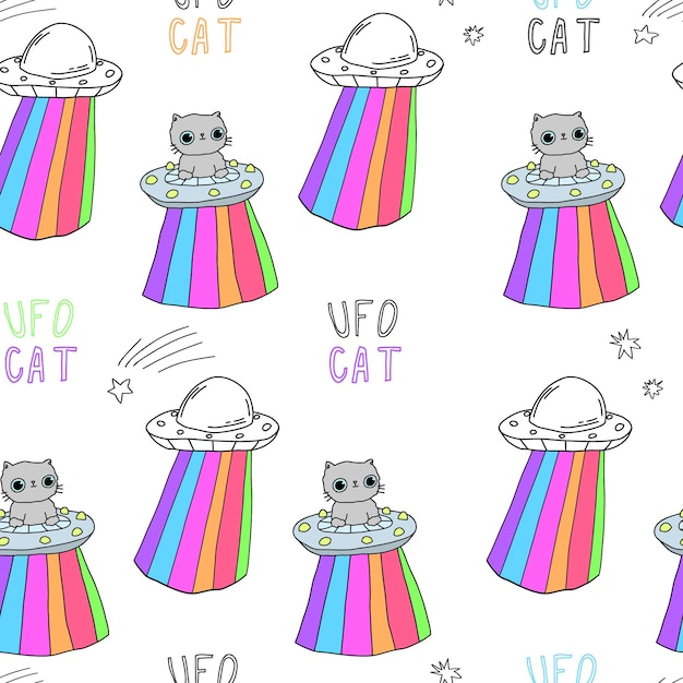 Cute white pattern with stars, ufo cats text. Pets seamless background. Textiles for baby, paper.