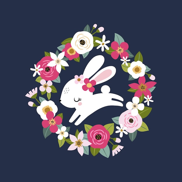 Cute white rabbit in floral wreath on dark blue background