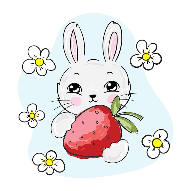 Cute white rabbit with strawberry print for kids design