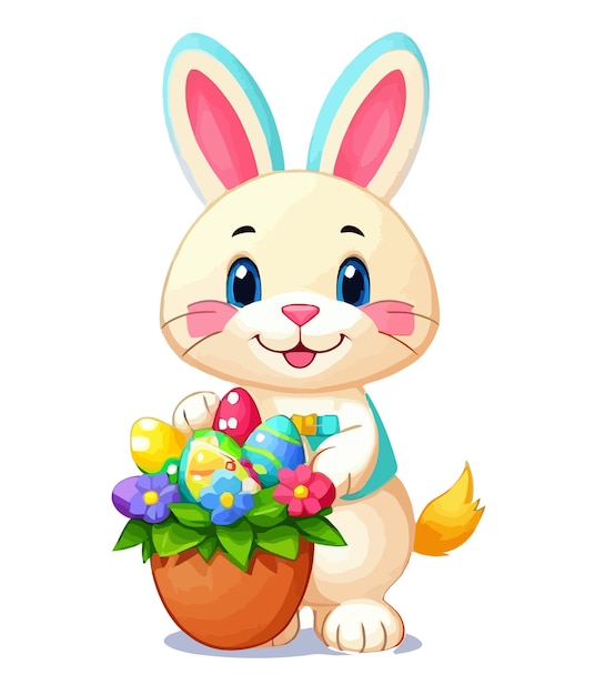 Cute white rabbits in various poses with white background Colorful Easter eggs vector illustration