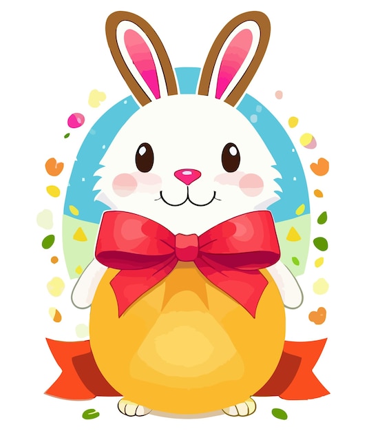 Cute white rabbits in various poses with white background Colorful Easter eggs vector illustration