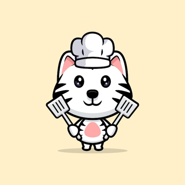 Cute white tiger chef whit hat and spatula cartoon mascot