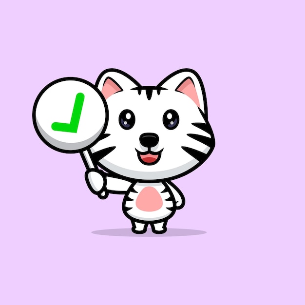 Cute white tiger holding correct sign or checklist sign cartoon mascot