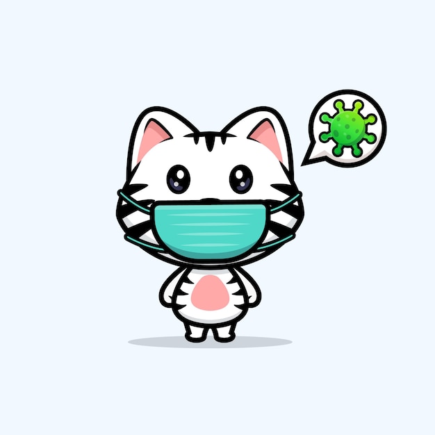 Cute white tiger wearing mask to prevention virus cartoon mascot