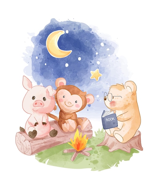 cute wild animals cartoon reading story around campfire illustration