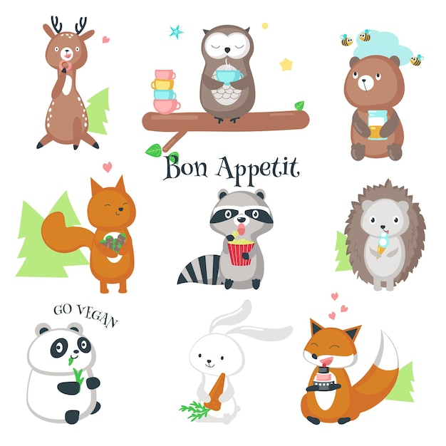 Cute wild animals eating food vector icon set