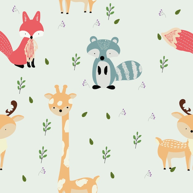 Cute wild animals hand drawn set pattern