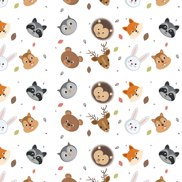 Cute wild animals head pattern over white background