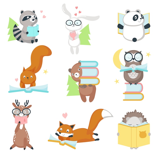 Cute wild animals reading books   icon set