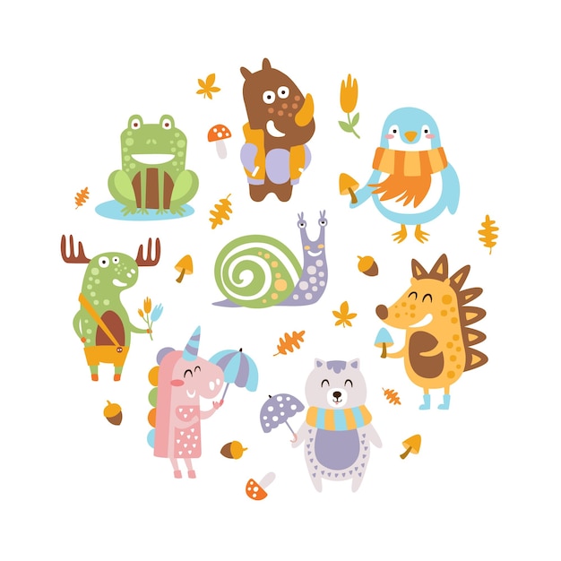 Cute wild animals of round shape snail moose unicorn bear raccoon hedgehog frog forest animals