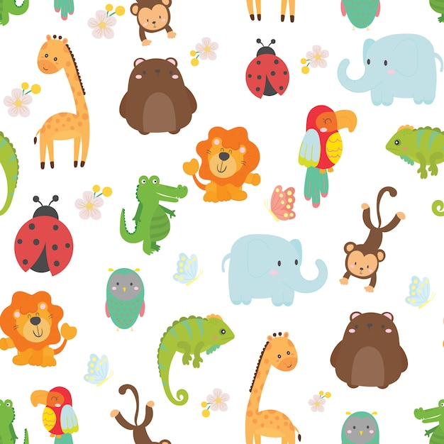 Cute wild animals seamless pattern background vector.