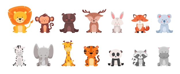 Cute wild animals set including lion tiger hippo bear fox zebra giraffe and elephant etc