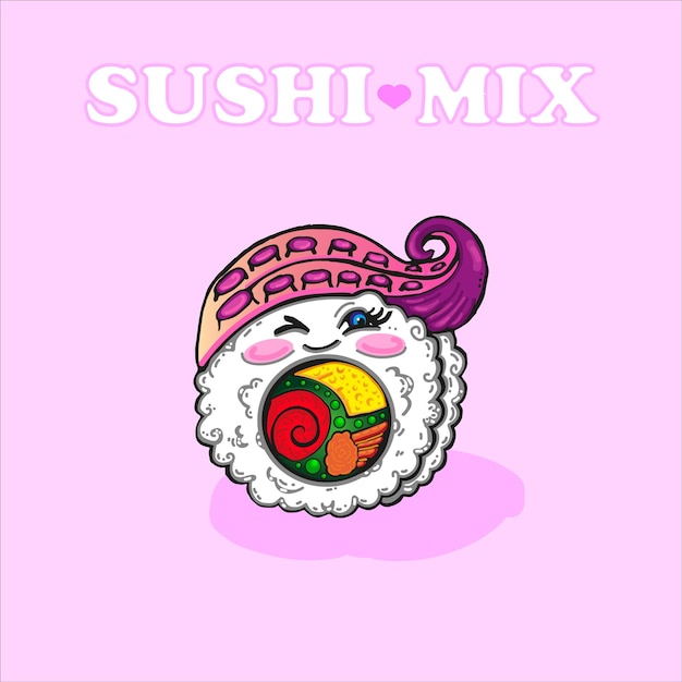 Cute winking roll with octopus on a pink background Kawaii sushi with pink cheeks xDxA