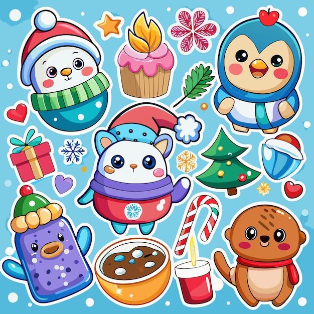 Cute Winter Animals Stickers with Christmas Decorations