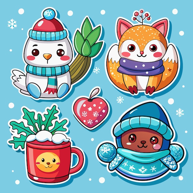 Vector cute winter animals in winter wonderland