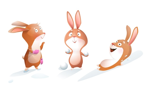 Vector cute winter bunny or rabbit playing snowballs, sitting in christmas snow. isolated rabbits set playing winter games, character design for kids. watercolor style illustrated animals clipart.