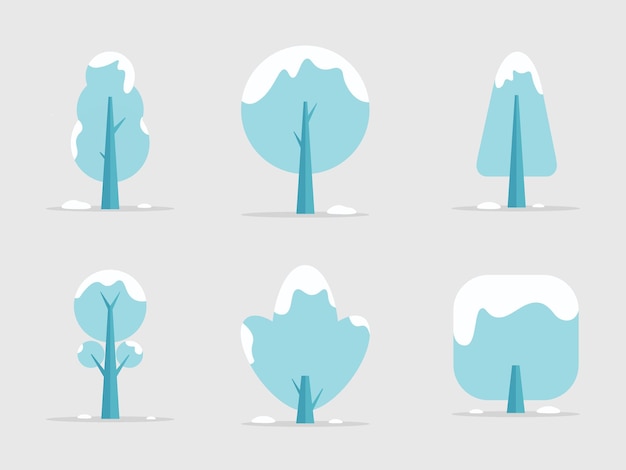 Cute winter forest blue hand drawn trees set elements