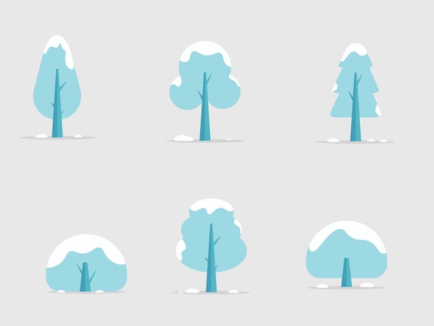 Cute winter forest blue hand drawn trees set elements