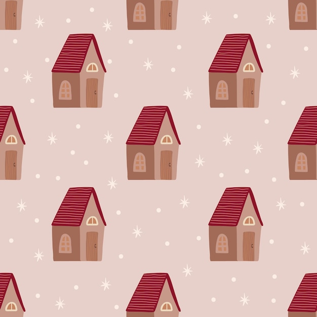 Cute winter pattern with houses childish boho background Vector illustration