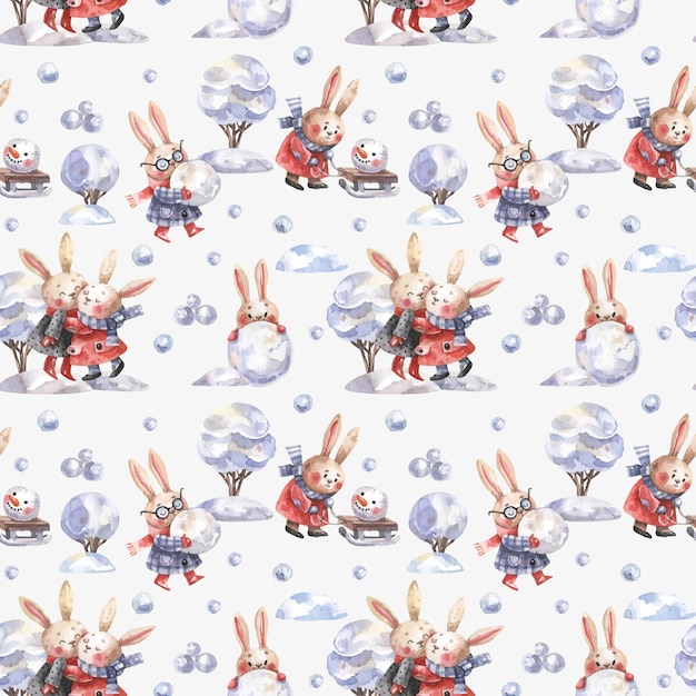 Cute winter pattern with rabbits, snowmen and snow drawn in cartoon style. Hares making a snowman