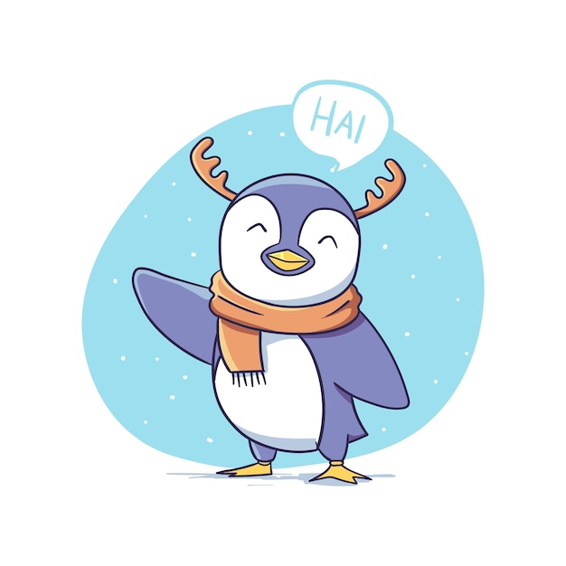 Cute Winter Penguin with Reindeer Antlers Character say Hi Sticker Illustration