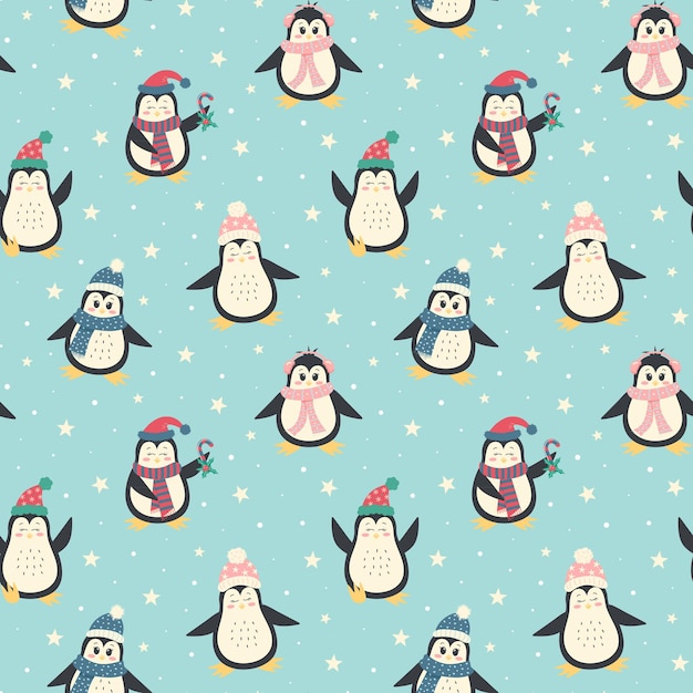 Cute winter penguins seamless pattern Christmas characters in warm clothing