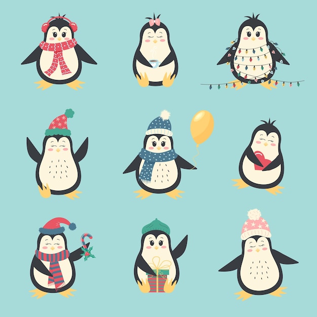 Cute winter penguins set. Christmas characters in warm clothing and different accessories.