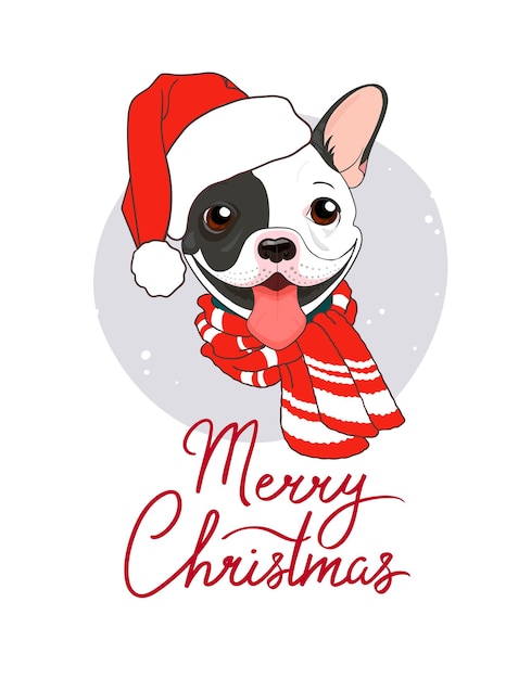 Cute winter poster Merry Christmas with French bulldog