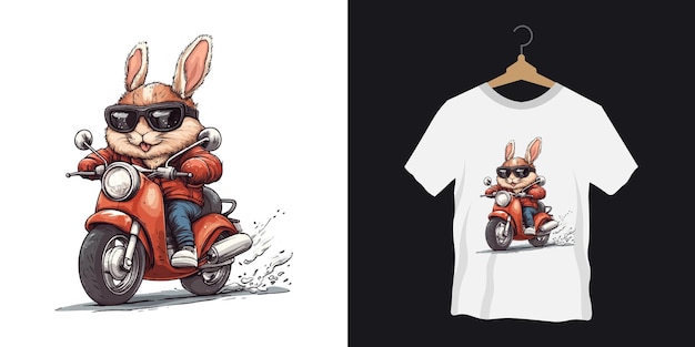 A cute winter rabbit illustration in a motorcycle ride pose tshirt design