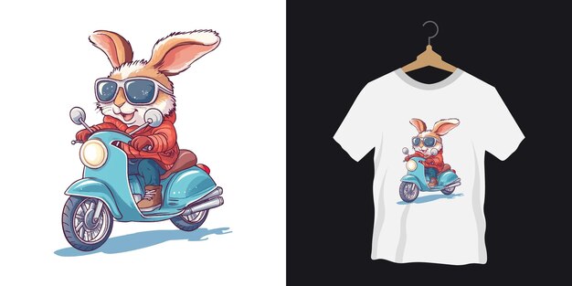 A cute winter rabbit illustration in a motorcycle ride pose tshirt design