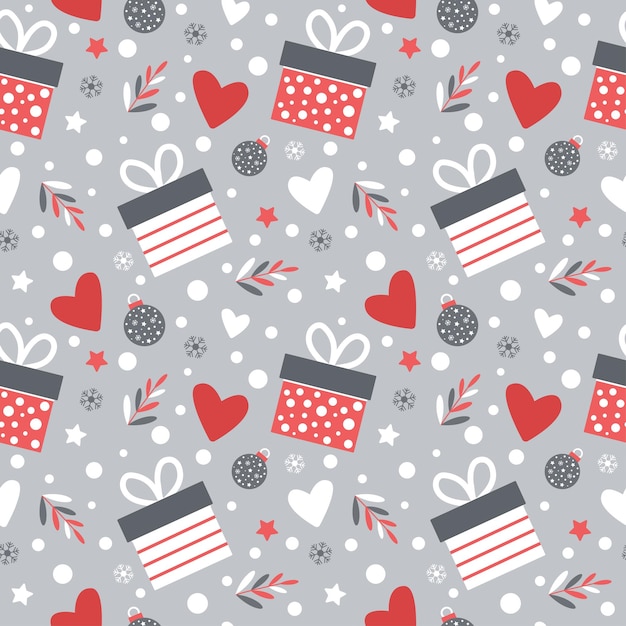 Cute winter seamless pattern with gifts Christmas balls and hearts