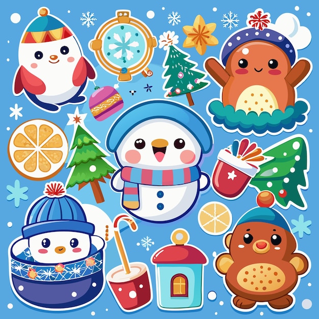 Cute Winter Stickers with Snowman Penguin Bear