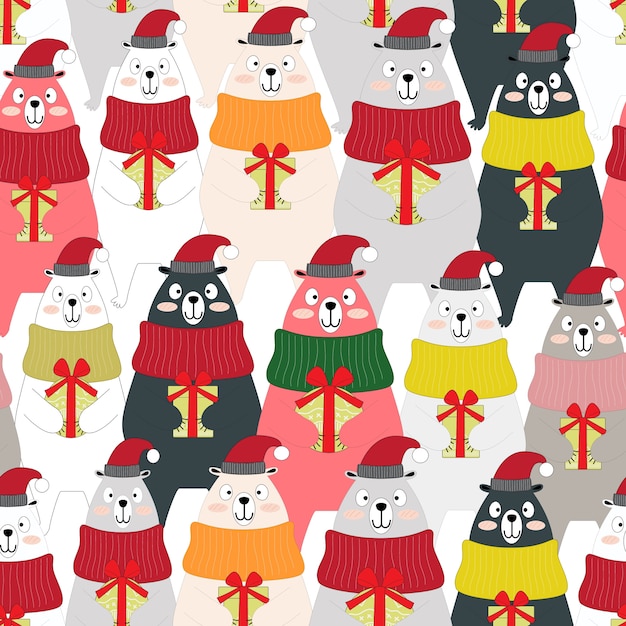 Cute winter teddy bear animal seamless pattern