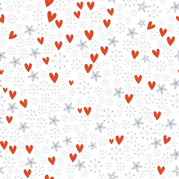 Cute winter vector seamless pattern with snowflakes, stars, hearts and sparkles. green and  red