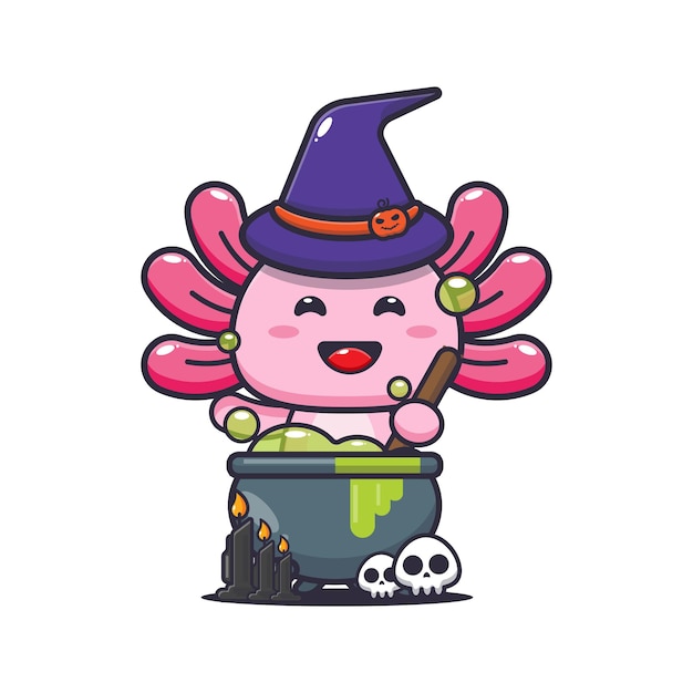 Cute witch axolotl making potion in halloween day. 
Cute halloween cartoon illustration.