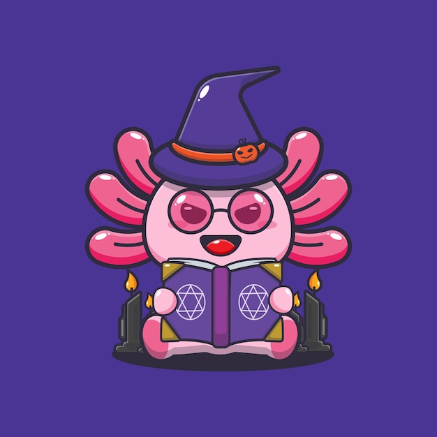 Cute witch axolotl reading spell book. 
Cute halloween cartoon illustration.