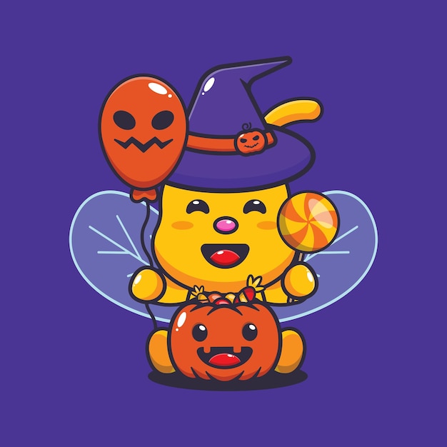 Cute witch bee holding halloween balloon and candy. Cute halloween cartoon illustration.