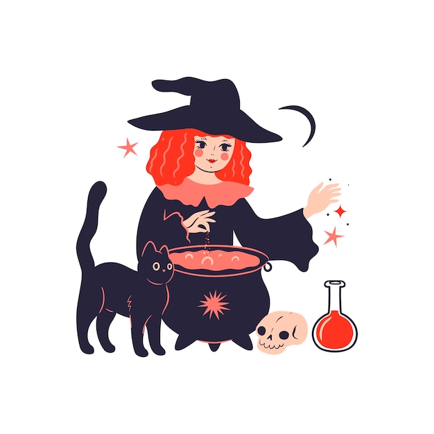 Cute witch brews a potion in a cauldron isolate on a white background